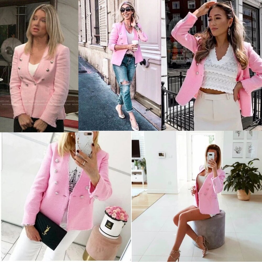 Zara Pink Tweed Blazer Jacket Metallic Buttons XS Blogger's Favorite Romantic - Picture 3 of 16